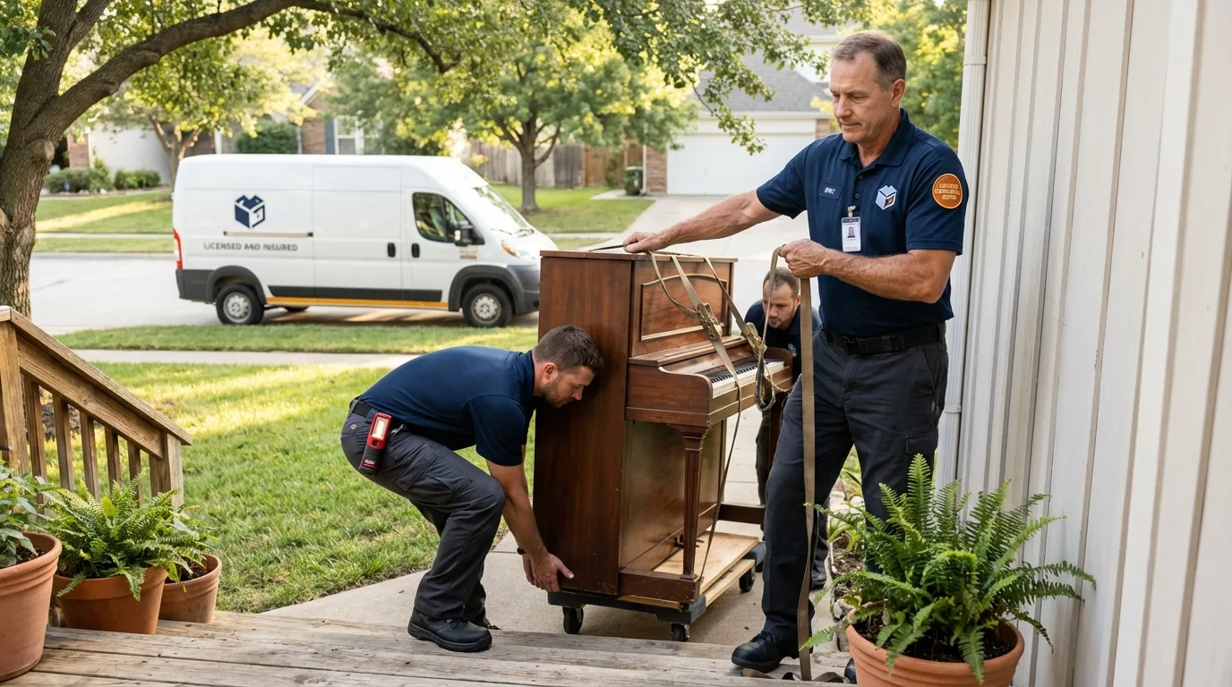 Licensed piano movers securing grand piano in Hyannis, MA