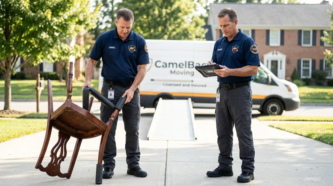 Movers inspecting furniture for damage prevention before loading in Hyannis, MA